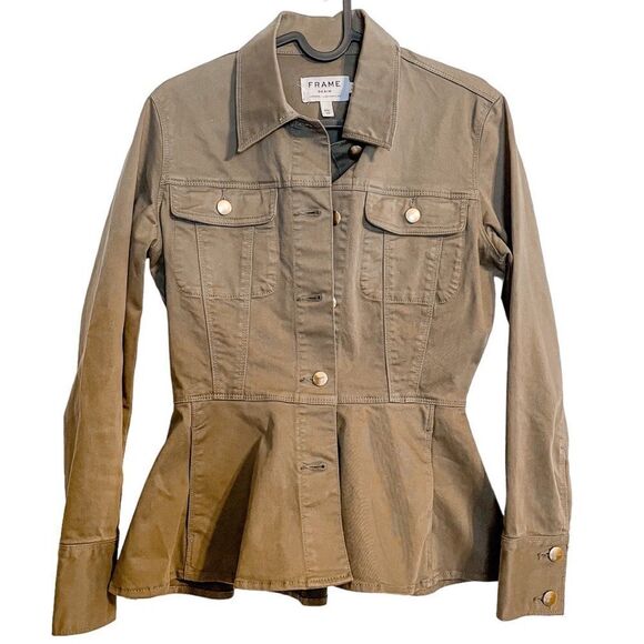 Frame Button Front Peplum Denim Jacket Army Green - Picture 5 of 9